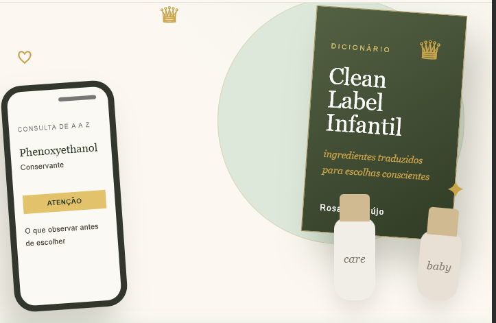 Dicionário Clean Label Infantil com exemplo de consulta no celular e produtos de higiene infantil